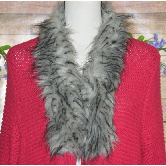 Jamie Gries Hot Pink Chunky Duster Cardigan Sweater Plus Size 1X Faux Fur Collar - Picture 5 of 12